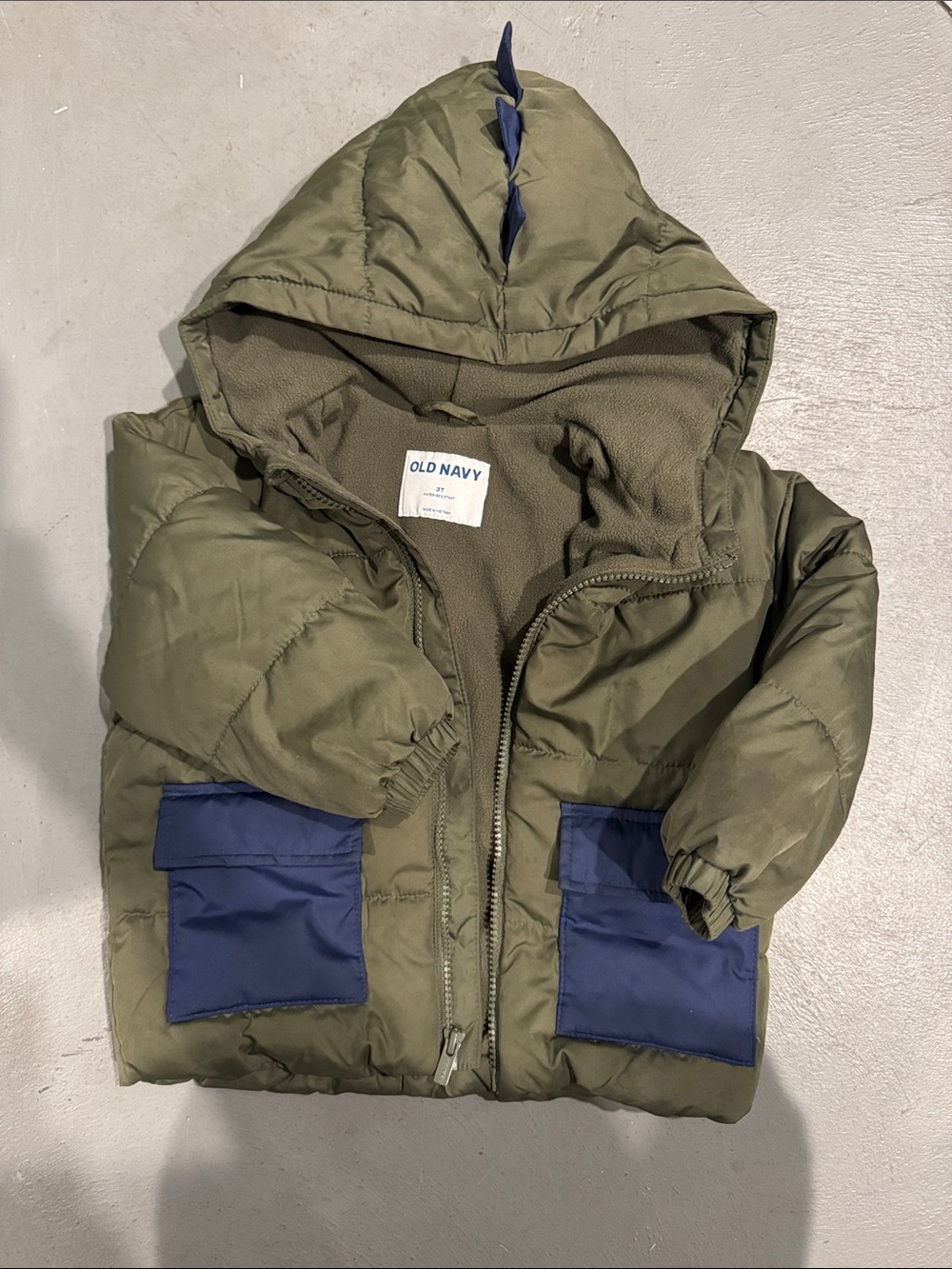 Old Navy Olive Green Toddler Puffer Jacket with Navy Pocket Accents